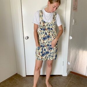 Faded floral denim overall dress